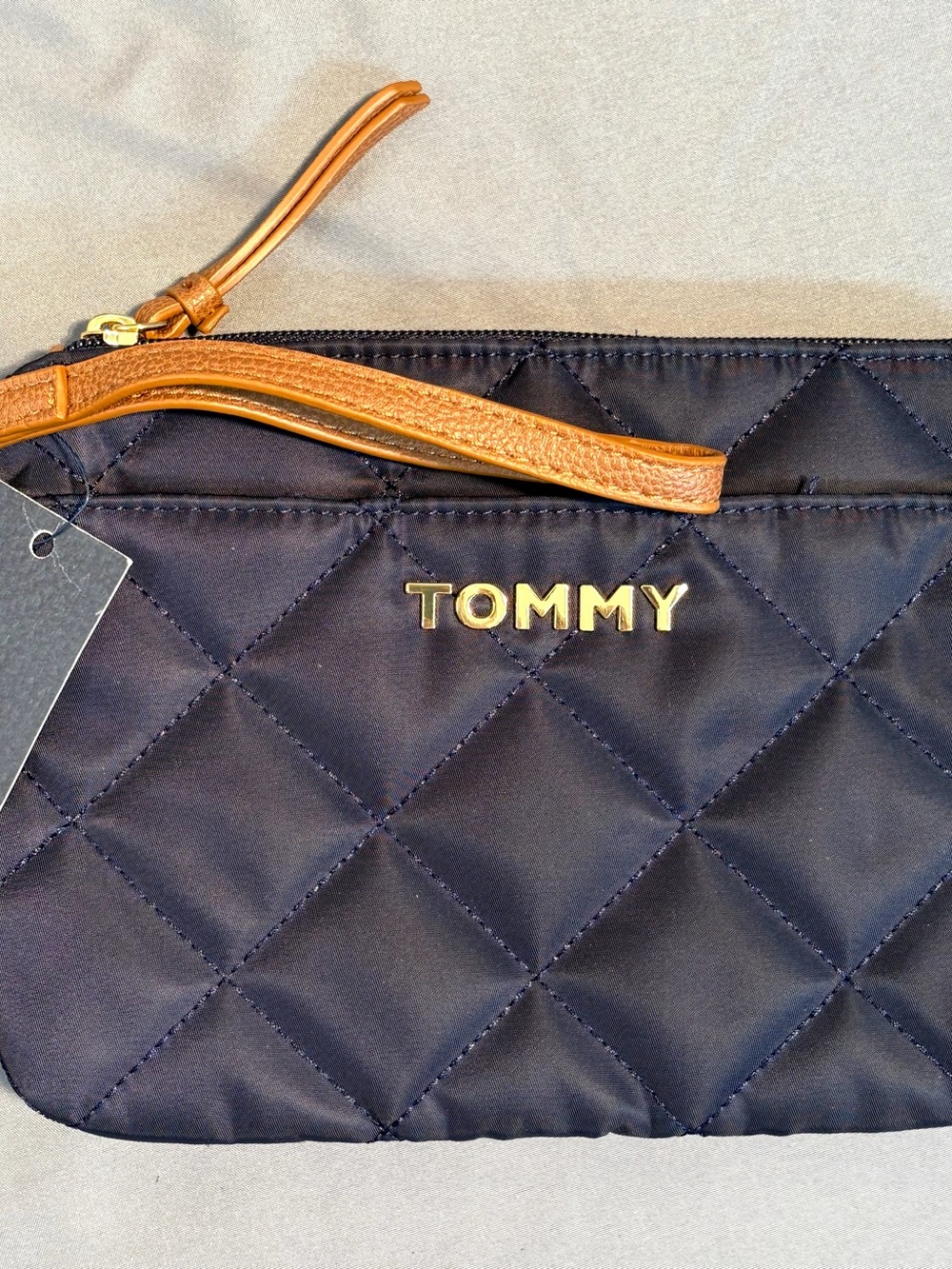 Tommy Hilfiger Quilted Navy Wristlet with Tan Strap